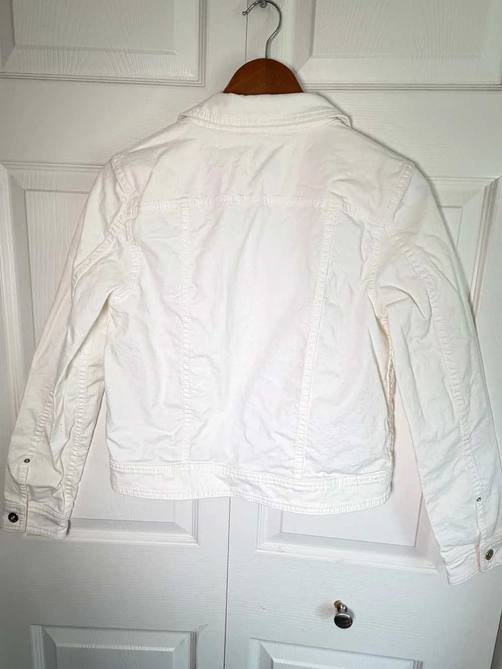 Kate Spade New York White Denim Jean Jacket M Pink Stripe Cuffs Gold Buttons